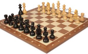 German Knight Staunton Chess Set Ebonized & Boxwood Pieces with Sunrise Walnut Notated Board - 3.75 King