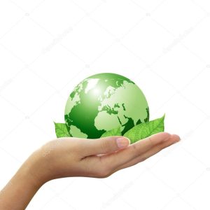 Green global and leaf in hand