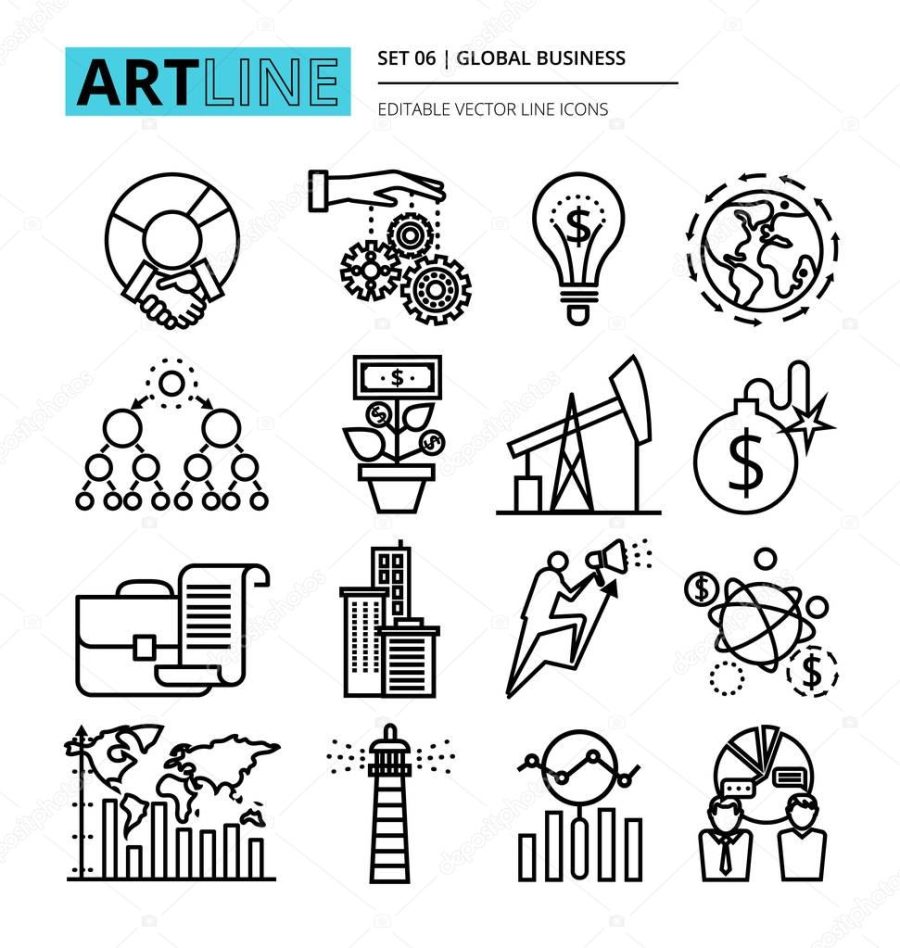 Icons set of global business process and finance success in the