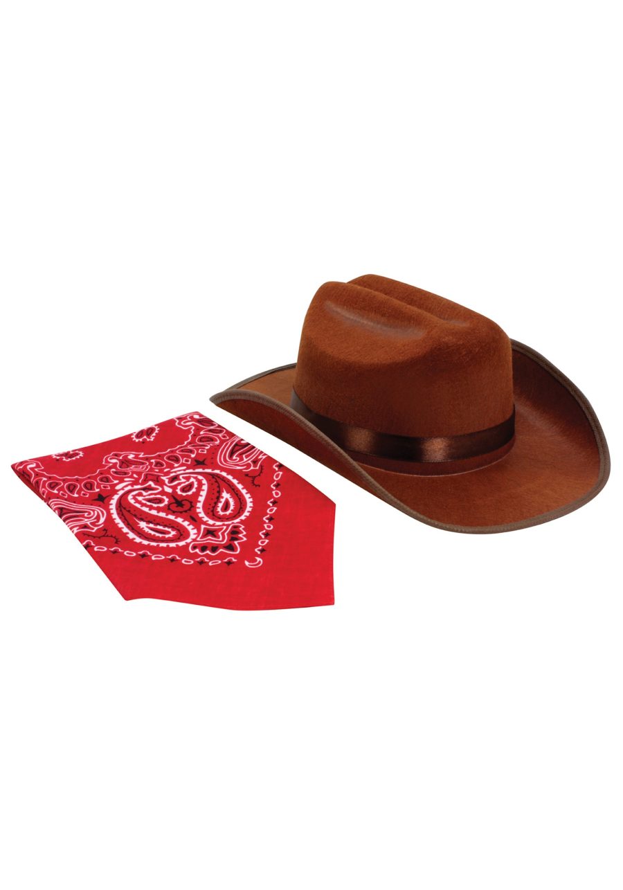 Kid's Brown Cowboy Costume Hat and Bandana Set