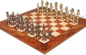 Large Arabesque Contemporary Staunton Metal Chess Set with Elm Burl Chess Board