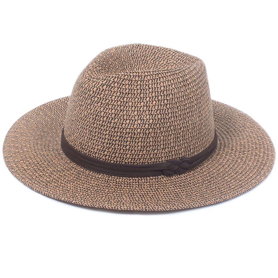 Marled Straw Knotted Faux Suede Trim Fedora - Brown/1SFM