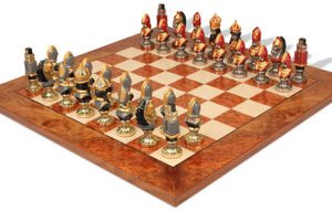 Medieval Theme Hand Painted Metal Chess Set with Elm Burl Chess Board