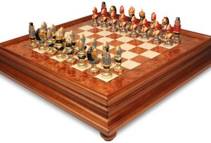 Medieval Theme Hand Painted Metal Chess Set with Elm Burl Chess Case