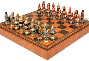 Medieval Theme Hand Painted Metal Chess Set with Faux Leather Chess Board & Storage Tray