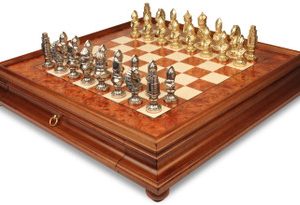 Medieval Theme Metal Chess Set with Elm Burl Chess Case