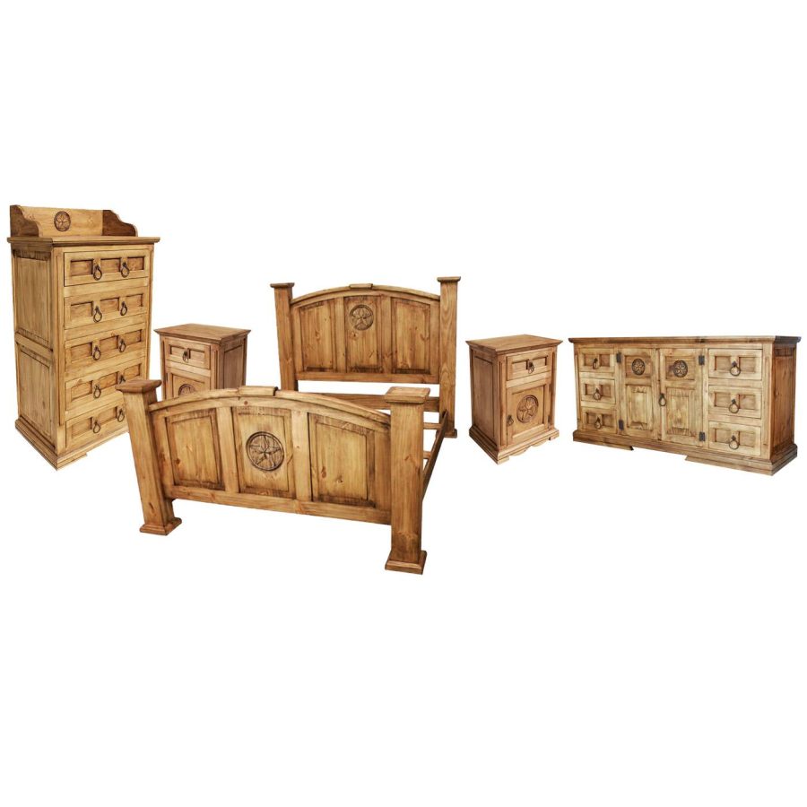 Mexican Rustic Pine Mansion Star Bedroom Setwith Queen Size Bed