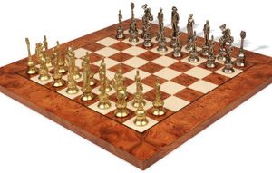 Napoleon Theme Chess Set Brass & Nickel Pieces with Elm Burl Chess Board