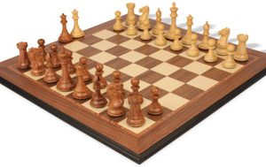 New Exclusive Staunton Chess Set Acacia & Boxwood Pieces with Walnut & Maple Molded Edge Board - 4 King