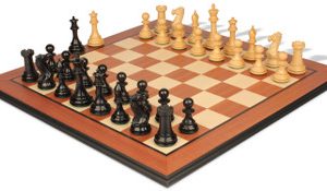 New Exclusive Staunton Chess Set Ebonized & Boxwood Pieces with Mahogany & Maple Molded Board - 3 King