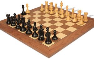 New Exclusive Staunton Chess Set Ebonized & Boxwood Pieces with Walnut & Maple Deluxe Board - 4 King