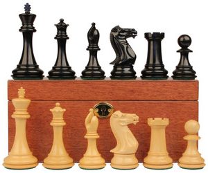 New Exclusive Staunton Chess Set Ebony & Boxwood Pieces with Mahogany Chess Box - 3 King
