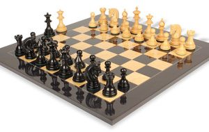 Patton Staunton Chess Set Ebony & Boxwood Pieces with Black & Ash Burl Chess Board - 4.25 King
