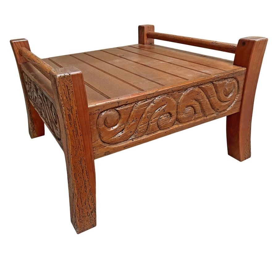 Southwestern Rustic Carved Stool with Natural Brown Finish