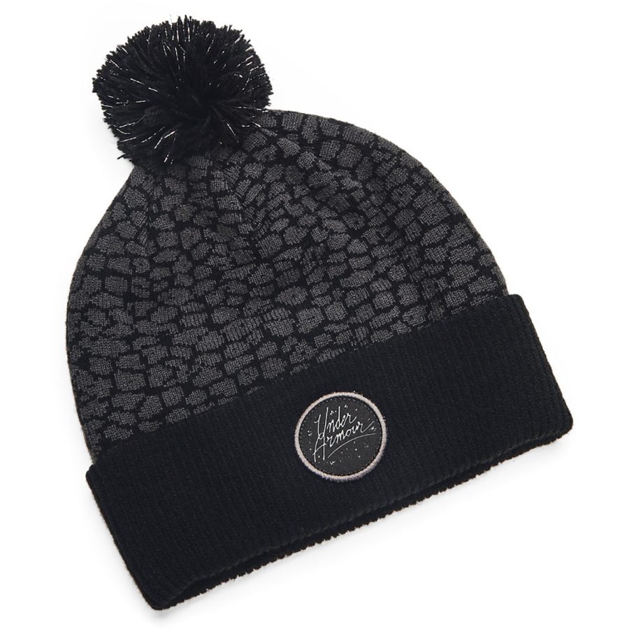 UA Girls' Graphic Knit Pom Beanie - Black/Jet Gray/Metallic Black/1SFM