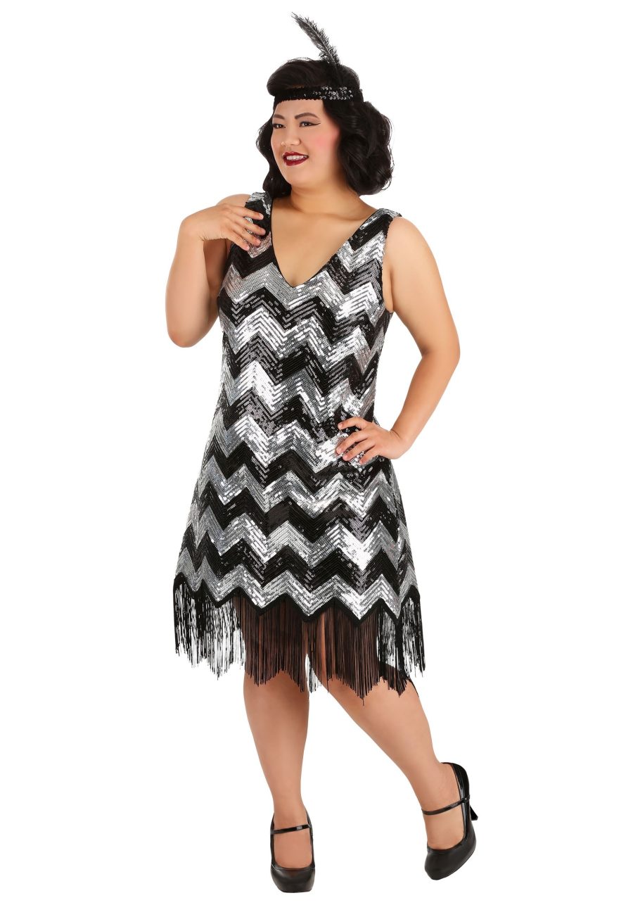 Women's Plus Size Fringe Silver and Black Flapper Dress