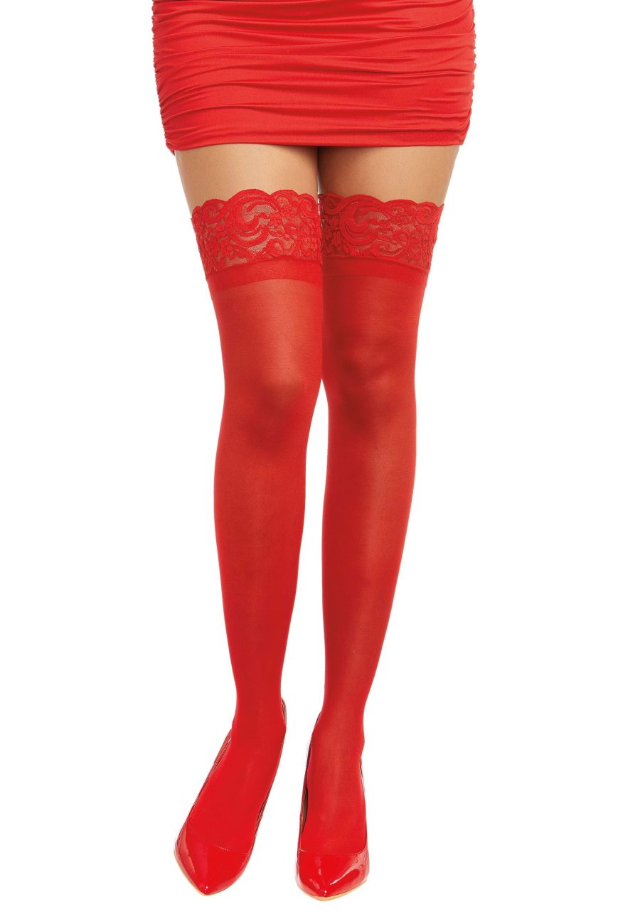 Women's Red Anti-Slip Thigh High Stockings with Lace Top