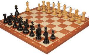 Zagreb Series Chess Set Ebonized & Boxwood Pieces with Sunrise Notated Mahogany Board - 3.875 King