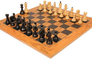 Zagreb Series Chess Set Ebony & Boxwood Pieces with Olive Wood & Black Deluxe Board - 3.25 King