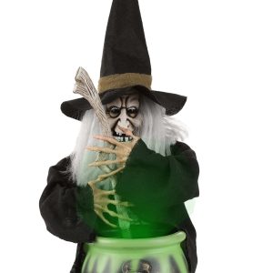 17-Inch Black Brewing Witch with Cauldron Decoration