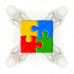 3d men holding assembled jigsaw puzzle pieces