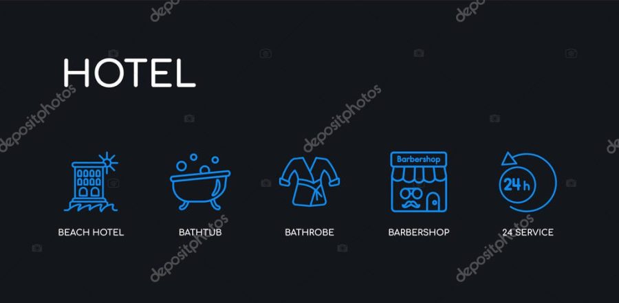 5 outline stroke blue 24 service, barbershop, bathrobe, bathtub, beach hotel icons from hotel collection on black background. line editable linear thin icons.