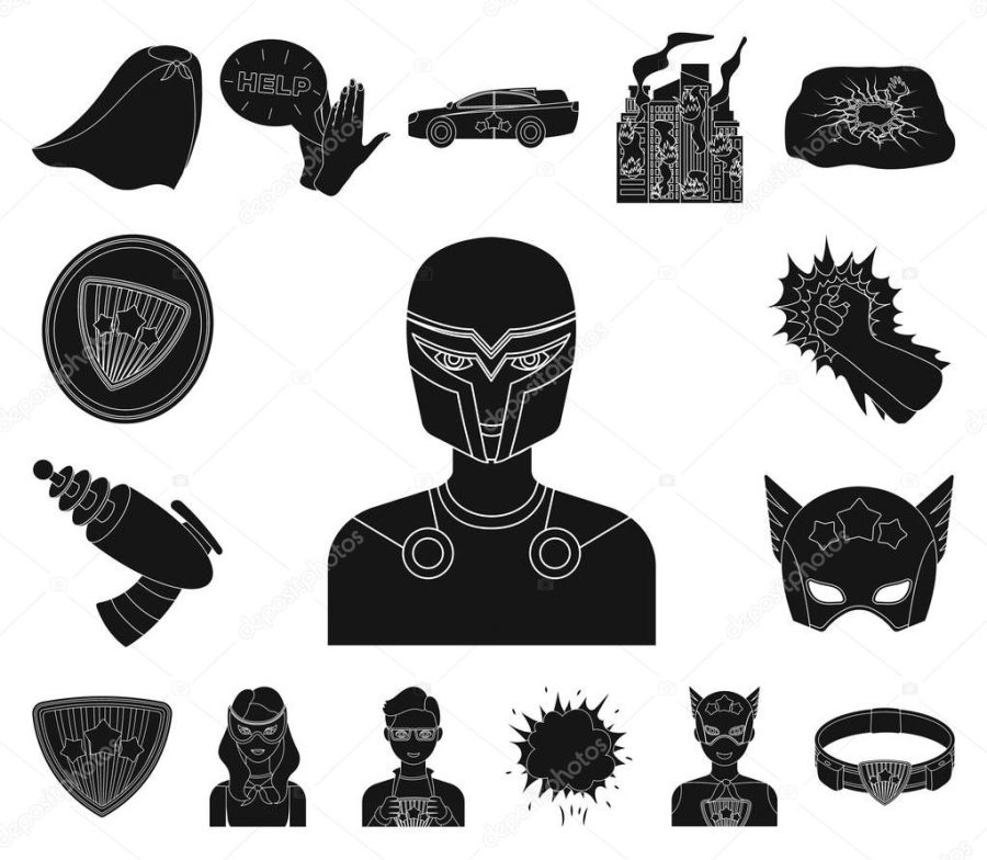 A fantastic superhero black icons in set collection for design. Superheros equipment vector symbol stock web illustration.