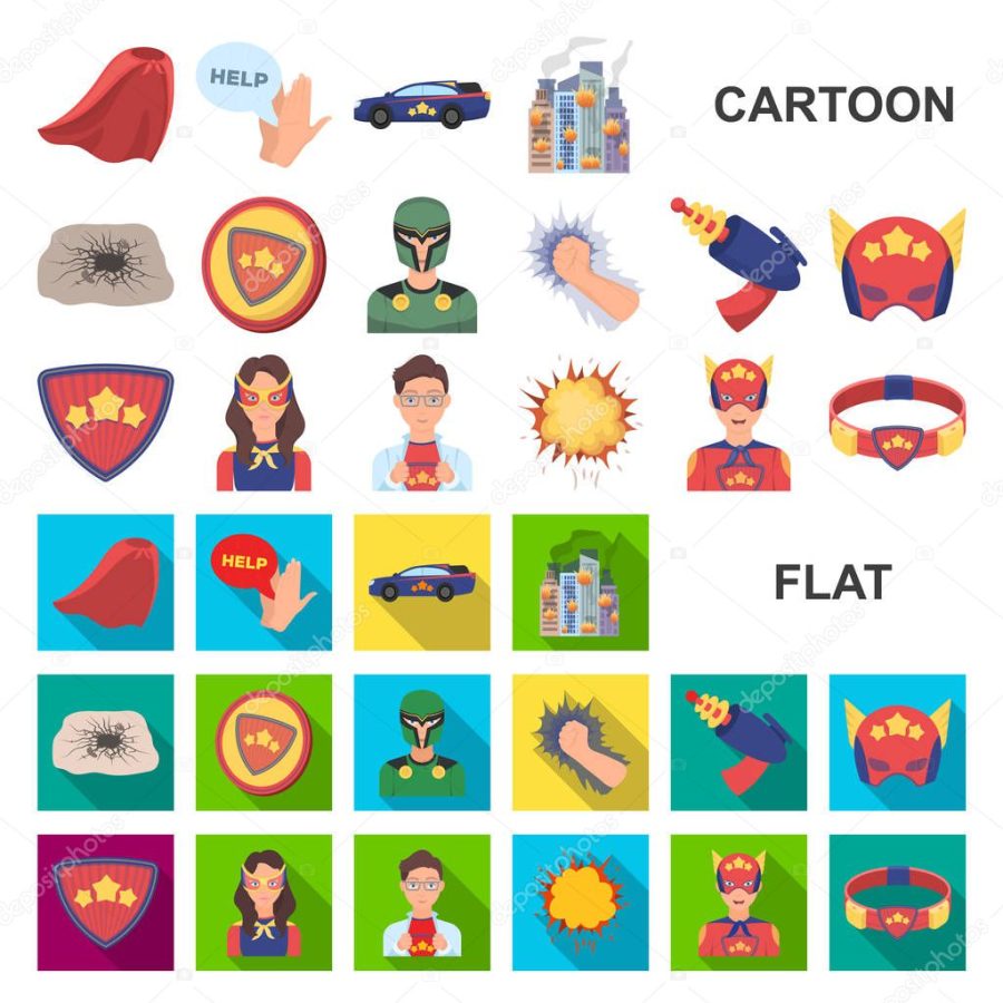 A fantastic superhero cartoon icons in set collection for design. Superhero equipment vector symbol stock web illustration.