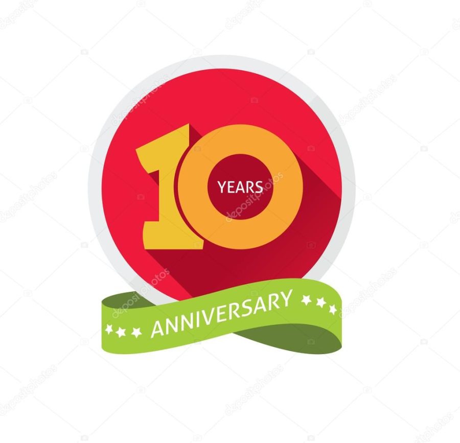 Anniversary 10th label with shadow on circle and number 1