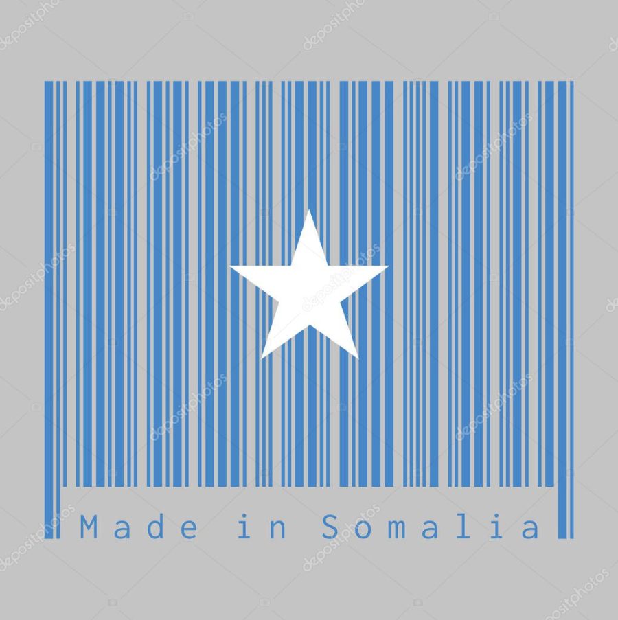 Barcode set the color of Somalian flag, a single white five-pointed star centered on a light blue field. text: Made in Somalia, concept of sale or business.