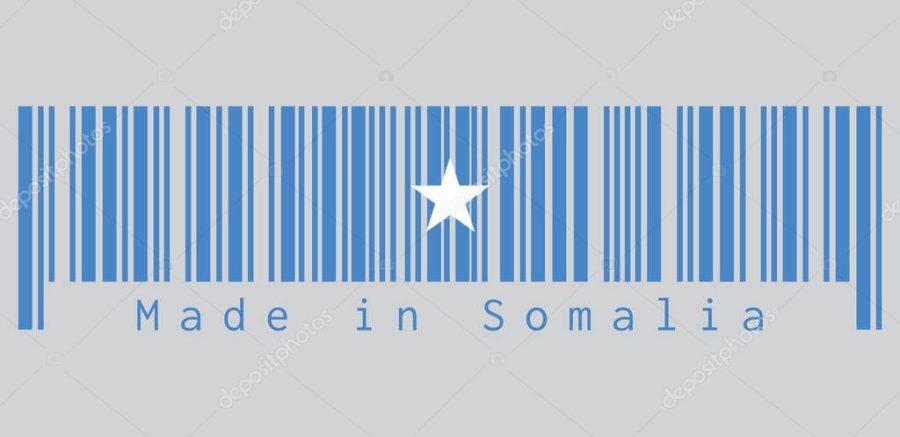 Barcode set the color of Somalian flag, a single white five-pointed star centered on a light blue field. text: Made in Somalia, concept of sale or business.