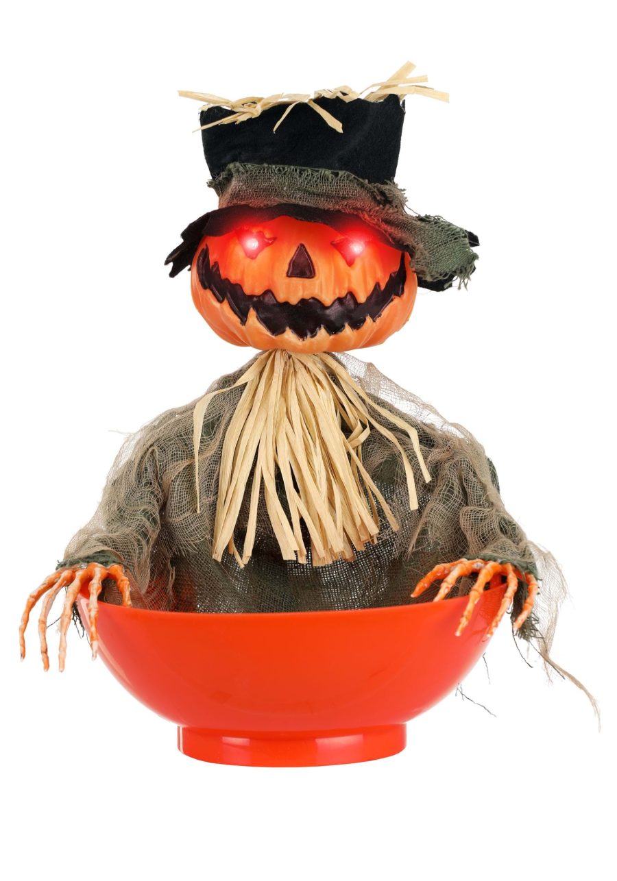 Candy Bowl with Animated Pumpkin Scarecrow Decoration