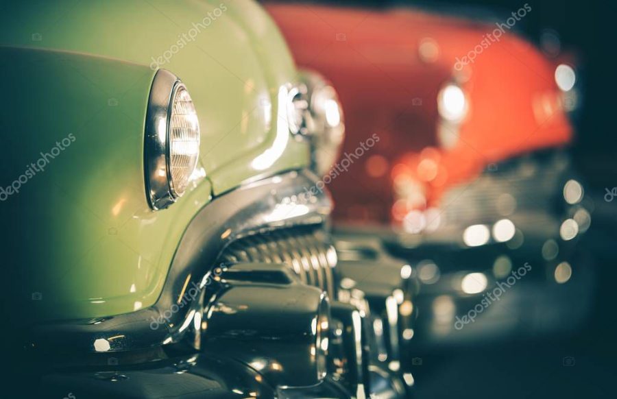 Classic Cars Auction. Row of Retro Vehicles Set For Sale. Automotive Industry.