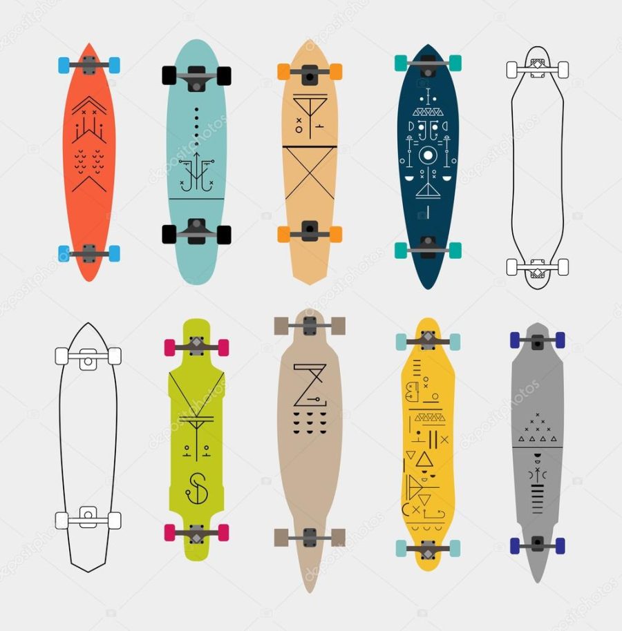 Collection of various shaped skateboards and longboards