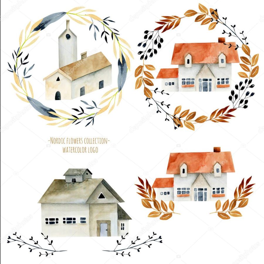 Collection of watercolor european ancient architecture, nordic house with floral elements, hand painted isolated on a white background, to create a logo, symbol, home decor etc