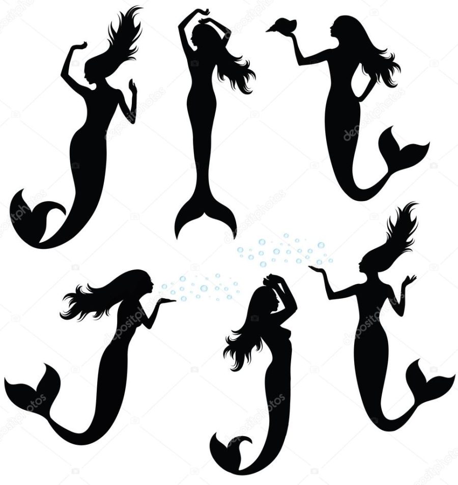 Collections of vector silhouettes of a mermaid.