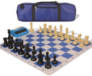 Conqueror Large Carry-All Plastic Chess Set Black & Camel Pieces with Clock & Lightweight Floppy Board - Royal Blue