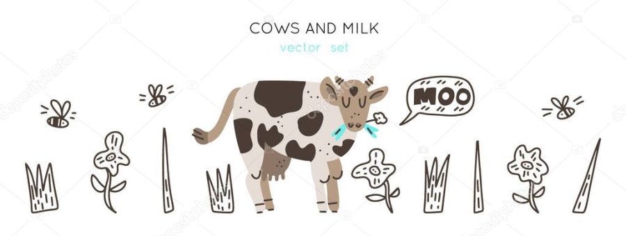 Cows and milk collection of hand drawn vector elements. Illustration made in doodle style. Set of objects for package, merch and other design. Vector Horizontal header web template.