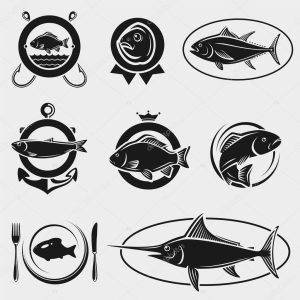 Fish stamps and labels set. Vector