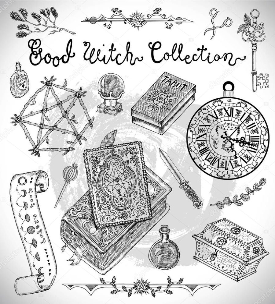 Hand drawn collection with Halloween objects - magic books, pentagram, old clock, potion bottle, etc