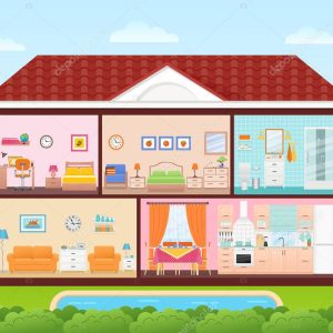 House inside with rooms interiors. Vector illustration in flat design.