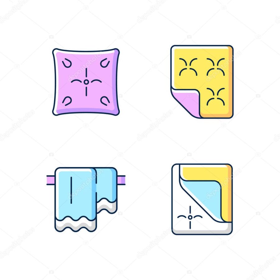 Household cloth RGB color icons set. Soft cushion. Orthopedic mattress. Hanging bathroom towels. Bed cover. Isolated vector illustrations. Textile products simple filled line drawings collection