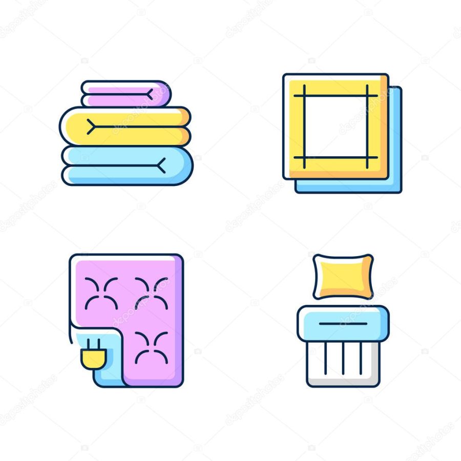 Household textile RGB color icons set. Folded sheets. Electric blanket. Kitchen napkins. Linen bedding. solated vector illustrations. Textile product simple filled line drawings collection