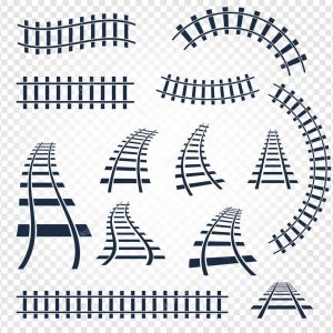 Isolated curvy and straight rails set, railway top view collection, ladder elements vector illustrations on white background.