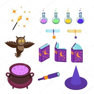 Isometric magical accessories isolated on white background.