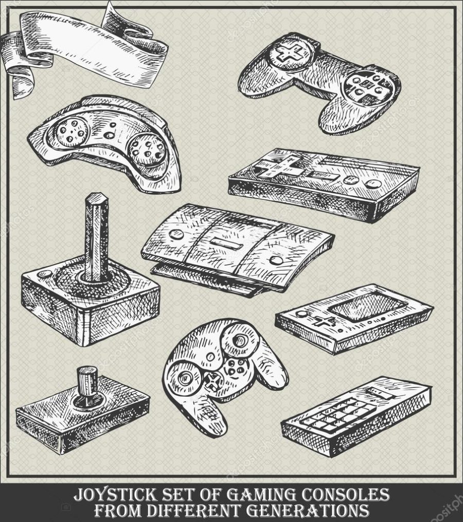 Joystick set of gaming consoles from different generations. Vector sketch illustration