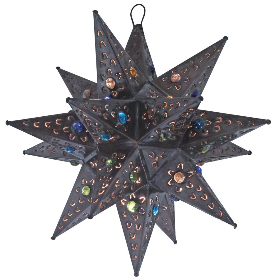 Large Mexican Tin Petalos Star with Marbles: with Oxidized Finish