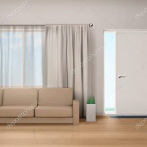Living room interior with couch and wardrobe.