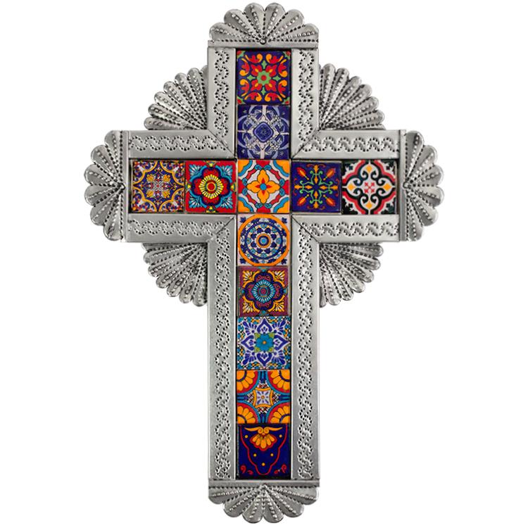 Medium Tin and Tile Cross - Natural Finish
