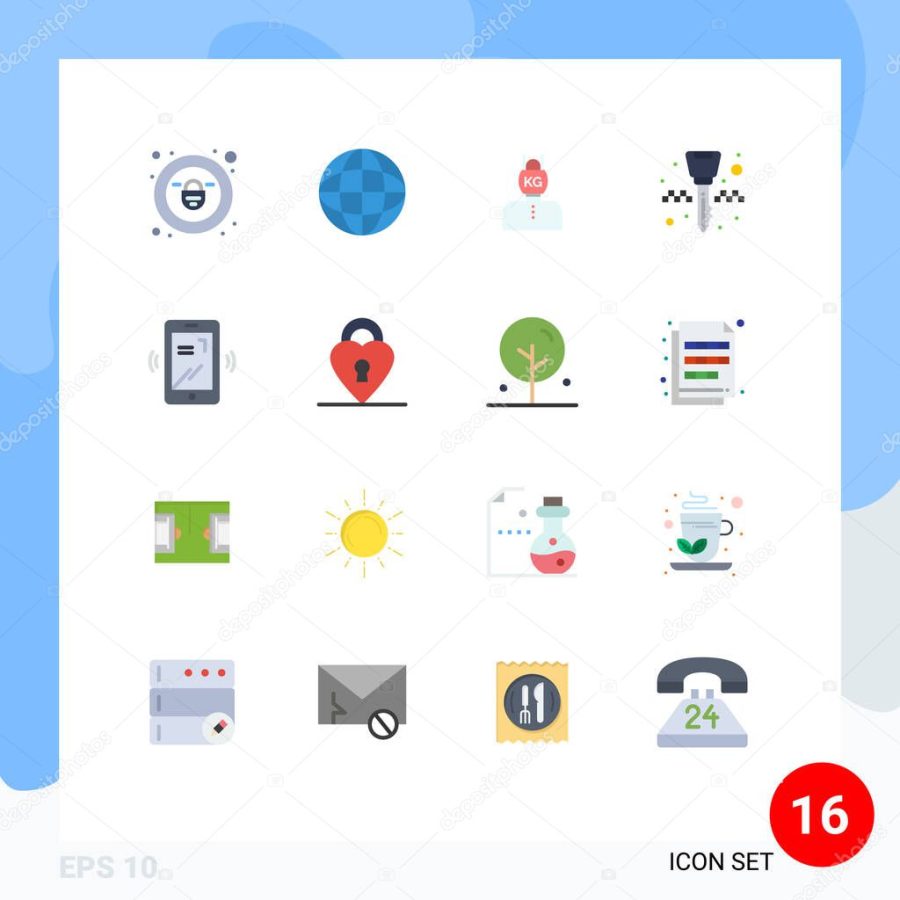 Mobile Interface Flat Color Set of 16 Pictograms of lock, vibrate, stress, mobile, key chain Editable Pack of Creative Vector Design Elements
